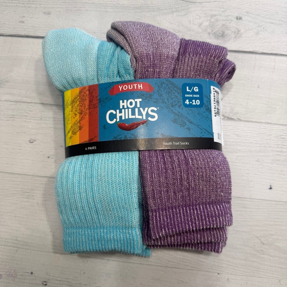 Hot Chilly's Youth Wool Trail Socks‎ 4 Pairs kids' purple aqua NEW
